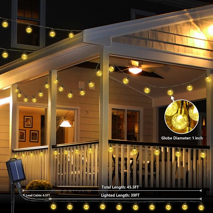 Joomer Warm White Solar String Lights,39FT 60LED Crystal Ball Fairy Light | 8 Modes Waterproof Outdoor Solar Powered Patio Lights for Spring Summer Garden Lawn Gazebo Porch Backyard Tree Decorations