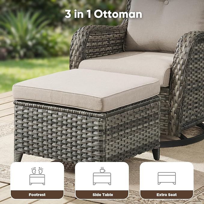 Belord Patio Furniture Set with Fire Pit Table,8 Piece Wicker Outdoor Furniture Set, Swivel Rocker Chairs with Ottomans and Sectional Couch, All Weather Patio Conversation Set, Gray Wicker/Beige