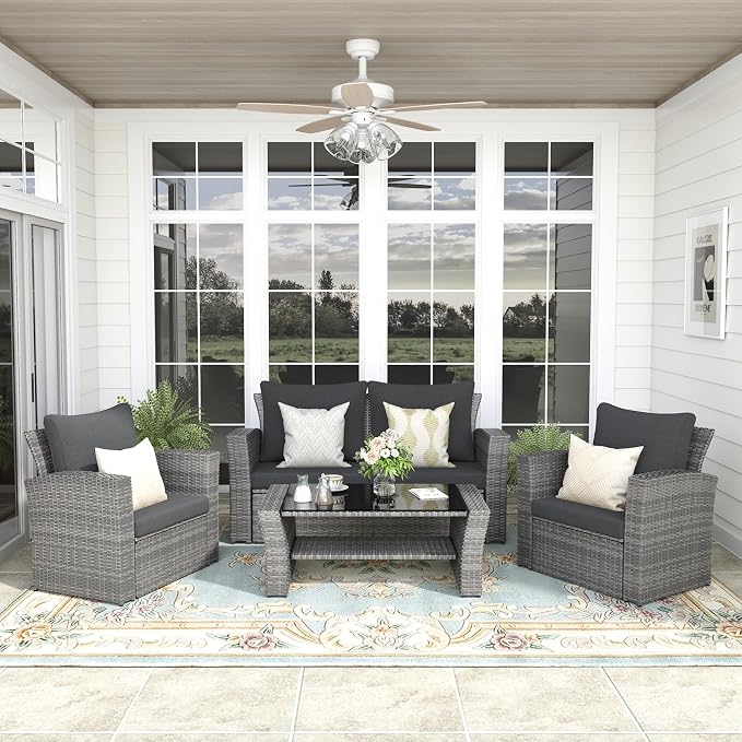 FansaFurn 4-Piece Outdoor Patio Furniture Set, All Weather Wicker Rattan Sectional Sofa Conversation Seating Set with Cushions & Large Glass Coffee Table, Ideal for Garden Backyard Porch, Dark Grey