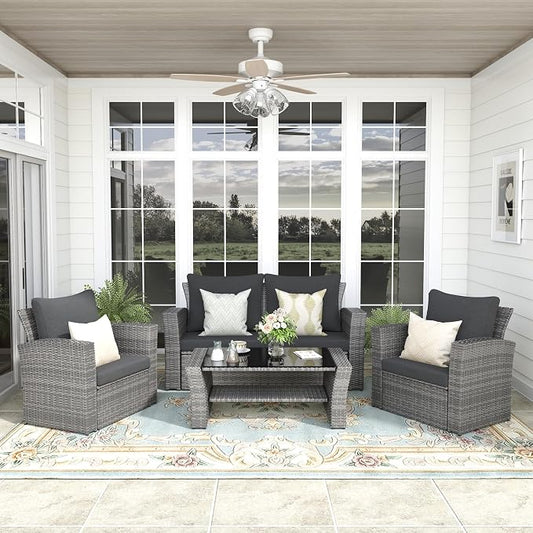 FansaFurn 4-Piece Outdoor Patio Furniture Set, All Weather Wicker Rattan Sectional Sofa Conversation Seating Set with Cushions & Large Glass Coffee Table, Ideal for Garden Backyard Porch, Dark Grey