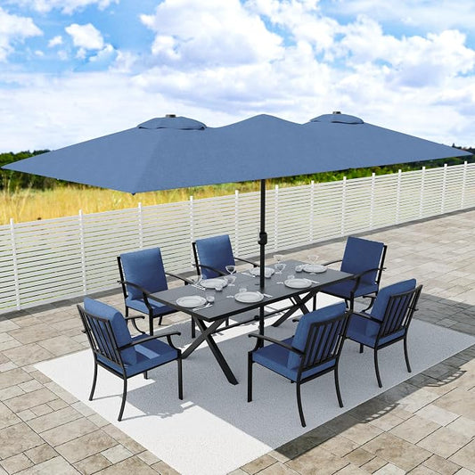 8 PCS Outdoor Patio Dining Set with 13.6ft Double-Sided Patio Umbrella,Patio Table and Chairs Metal Outdoor Patio Furniture Set,Dining Table Set with 6 Chairs,Navy Blue