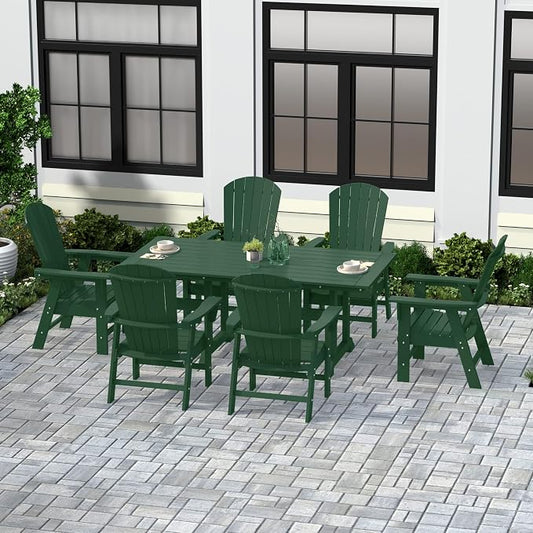 WestinTrends Dylan Adirondack Outdoor Dining Set for 6, All Weather Poly Lumber Patio Table and Chairs Set of 6, 71" Trestle Outdoor Table and Seashell Adirondack Dining Chair, Dark Green