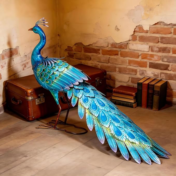 31" L Metal Peacock Garden Statue,Handcrafted Outdoor Yard Art | Large Walking Bird Decor, Iridescent Blue & Green Finish , Ground Stakes, Lifelike Sculpture for Garden Lawn Flowerbed