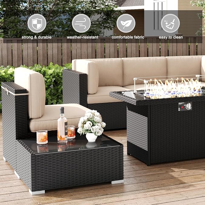 LayinSun 15 Pieces Patio Furniture Set with Fire Pit Table, Black Rattan Modular Sectional Patio Conversation Sofa Set