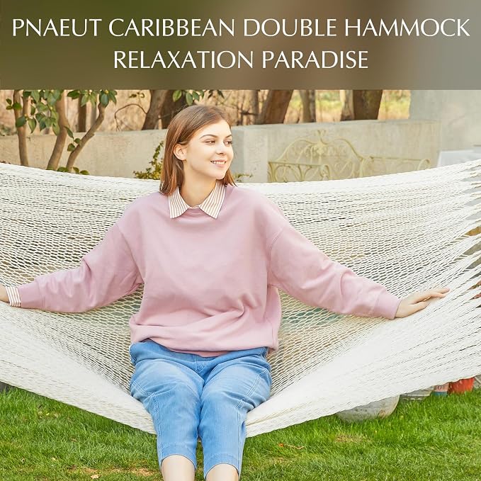PNAEUT 2 Person Rope Hammocks for Outside, Handwoven Double Caribbean Hammock with Spreader Bar for Outdoor Indoor, Max 600 lbs Capacity (Cream)