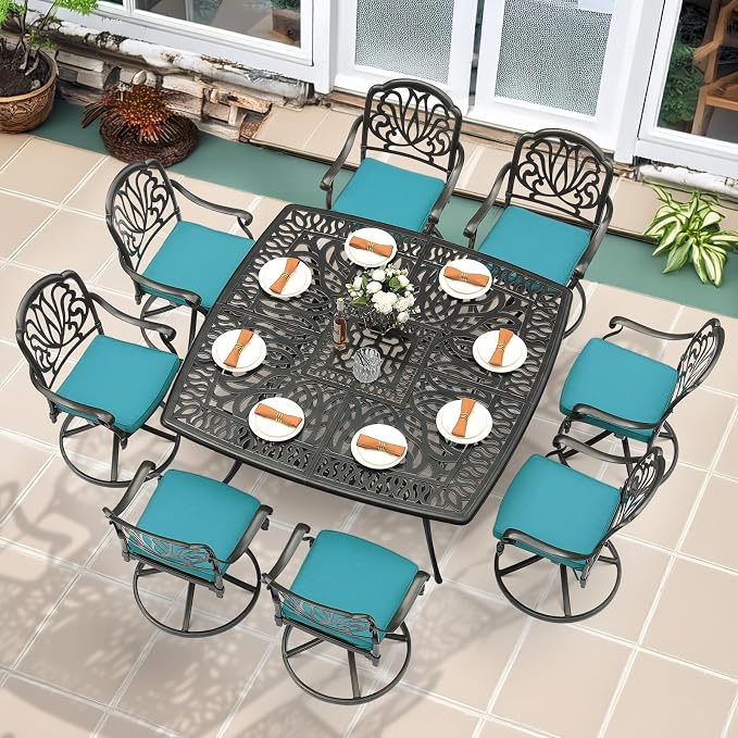 MEETWARM 9-Piece Outdoor Patio Dining Set for 8, All Weather Cast Aluminum Patio Funiture Table and Chairs Set- Large 64" Square Table, 8 Cushioned Swivel Rocker Chairs, 2.2" Umbrella Hole, Ocean Blue
