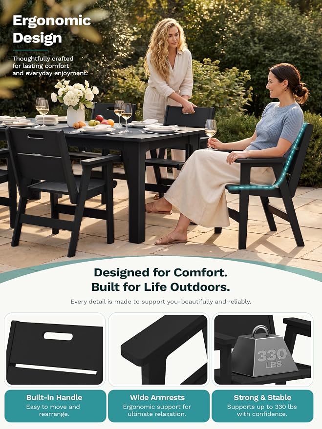 SERWALL 10-Piece Outdoor Patio Dining Set, 76" HDPE Table with 8 Chairs & 1 Umbrella (Base Excluded), All Weather Resistant Heavy Duty Outdoor Furniture for Backyard Deck Garden, Black