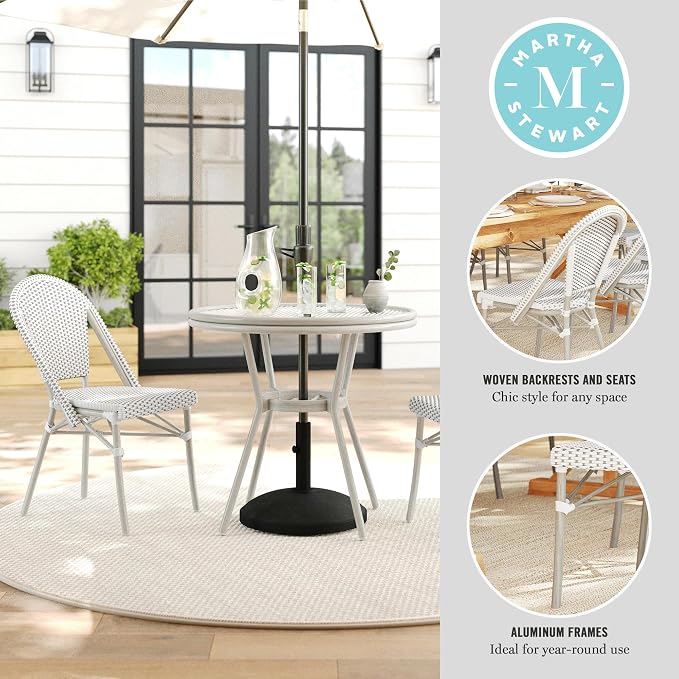 Martha Stewart Lily Pond 31” Round Indoor-Outdoor Bistro Dining Table with Aluminum Frame in Natural Woodgrain and Rattan Top in White/Navy with Tempered Glass Top