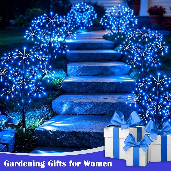Solar Garden Lights Outdoor, 8 Pack 2-Layer Blue Fairy Firework Lights | Waterproof Starburst Flower Light, Garden Decor for Yard Patio Pathway Lawn, Unique Gifts for Women Mom Grandma Christmas