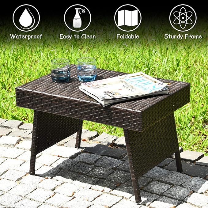LDAILY Outdoor Side Table, Portable Wicker Coffee Table with Rattan and Steel Frame, All Weather Pre-Assembled Coffee Furniture, Standing Folding Patio for Courtyard, Poolside, Garden (Brown)