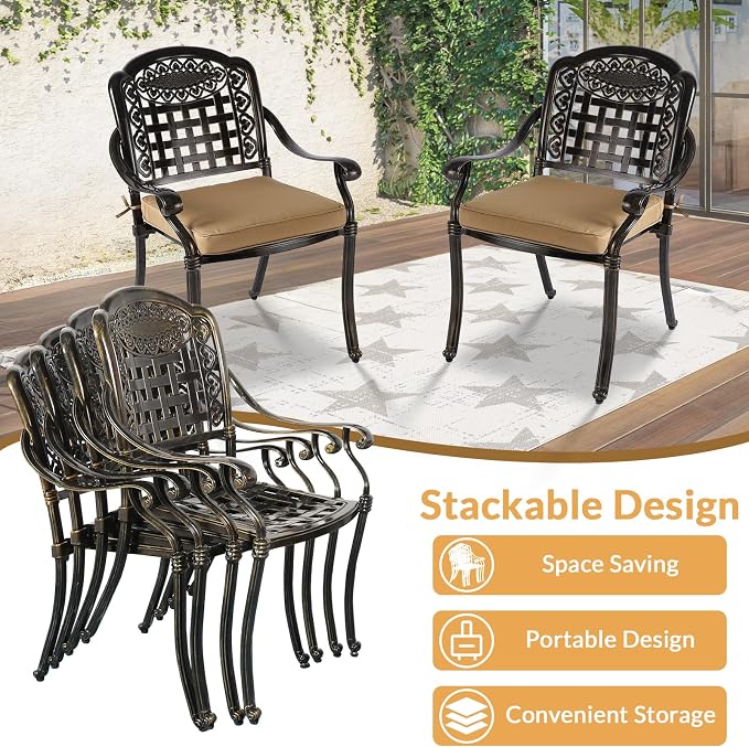 9 Piece Outdoor Patio Dining Set for 8, Cast Aluminium Large Square Dining Table & 4 Swivel Rocker Chairs, 4 Stationary, 8 Cushions, Umbrella Hole, Patio Furniture Set for Garden, Khaki