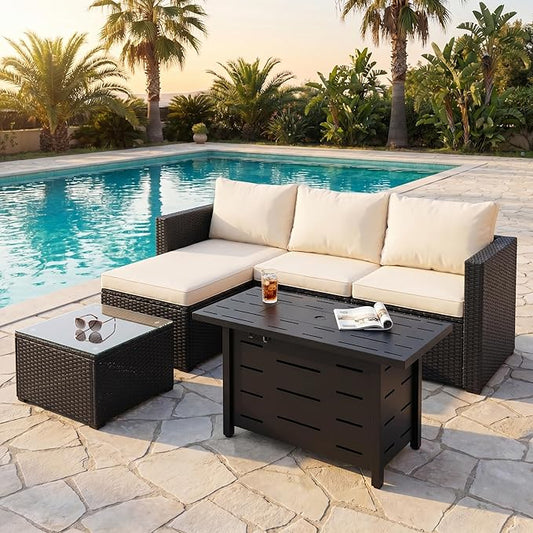 SUNLEI 4-Piece Patio Furniture Set with 43" Propane Fire Pit Table, Outdoor Wicker Sectional Sofa Set, All-Weather Conversation Set for Backyard, Poolside, Garden, Beige Cushions