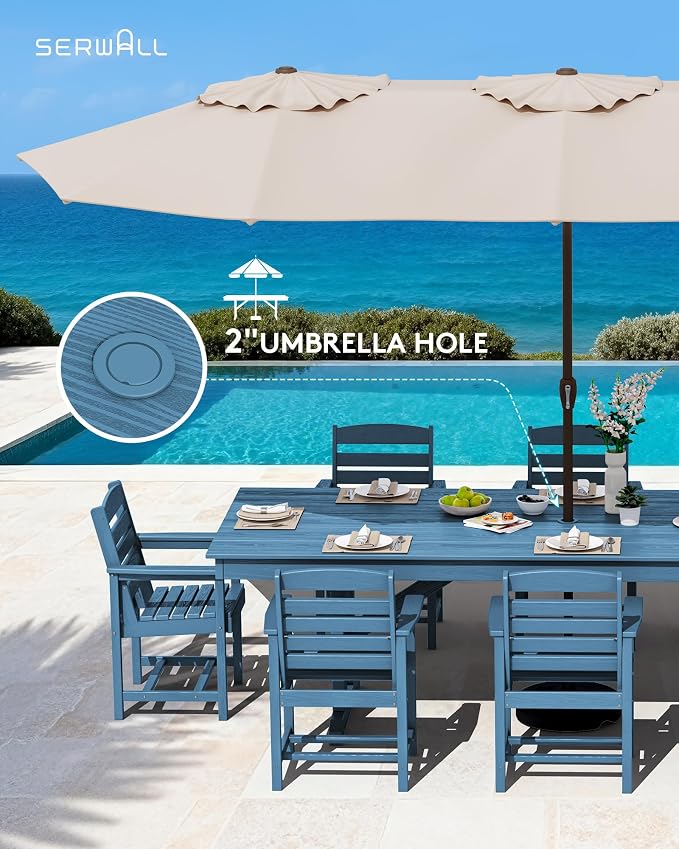 SERWALL Outdoor Dining Table, 84" Rectangular Dining Table for 6-8 Person, All Weather HDPE Outdoor Furniture for Backyard, Garden, Blue