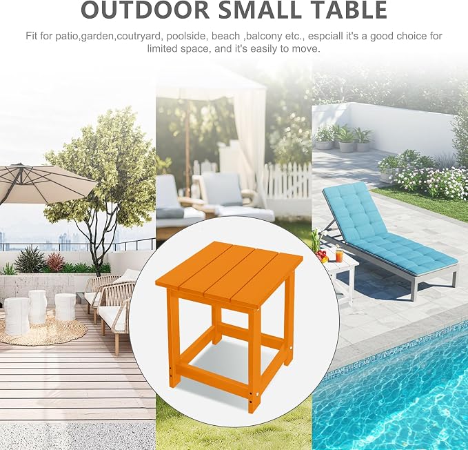LZRS Patio End Table, Heavy Duty HDPE Outdoor Coffee Table with Wood Texture, Weatherproof Composite Table for Adirondack Chairs, Deck, Pool, Indoor/Outdoor, No Peeling or Cracking(Orange)