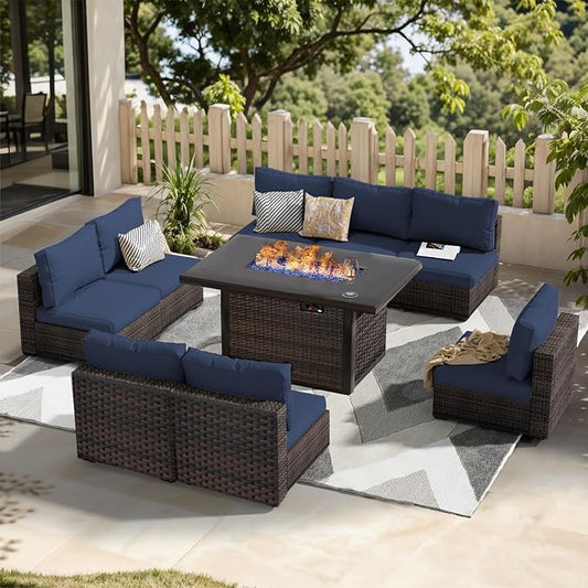 Patio Furniture Set Fire Pit Table 9 Piece All Weather PE Rattan Outdoor Sectional Sofa Couch with 8 x armless Sofa, No-Slip Cushions for Garden, Poolside, Backyard (Blue)