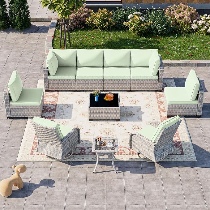 10-Piece Patio Furniture Set, Outdoor Patio Furniture with Swivel Chairs Set, Thick Cushions, Modular Patio Sofa, Dual-Strand Rattan, Rust-Resistant Frame, Light Green