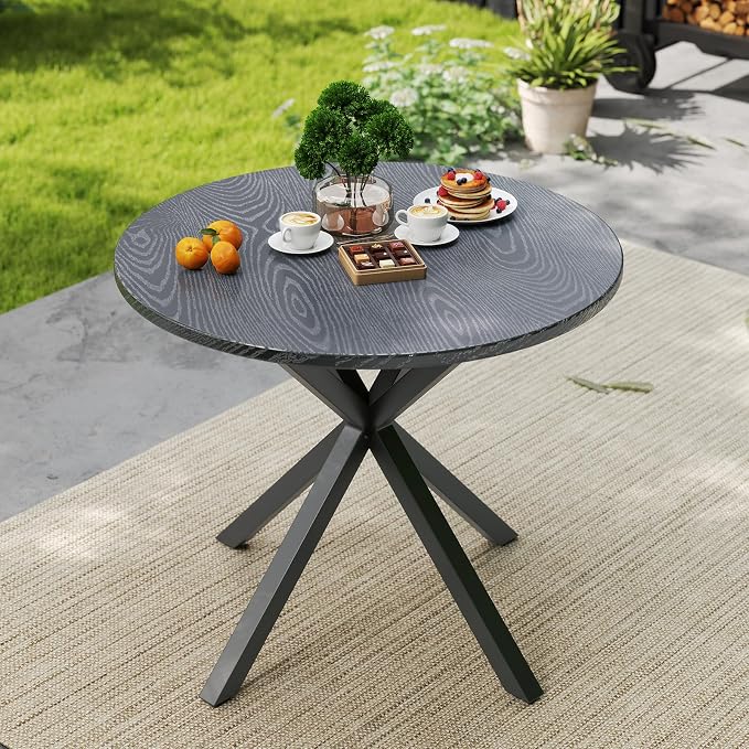 HAPPYGRILL 34” Round Outdoor Dining Table, Metal Patio Bistro Table with Wood-Like Tabletop, 4 Person Outdoor Dining Furniture for Backyard Garden Balcony
