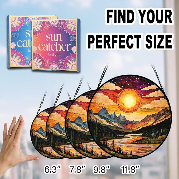 Birthday Gifts for Women - Sunset Mountains River Faux Stained Glass Window Hanging Sun Catcher for Door Garden Acrylic Decor Mother's Day Christmas for Mom Nana Men Grandma Wife 9.8"