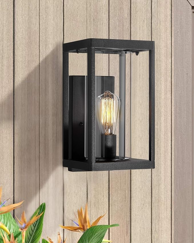 Beionxii Dusk to Dawn Outdoor Wall Lights, Modern Exterior Wall Sconces Porch Lantern, Black Cast Aluminum w/Clear Cylinder Glass - A291W-2PK