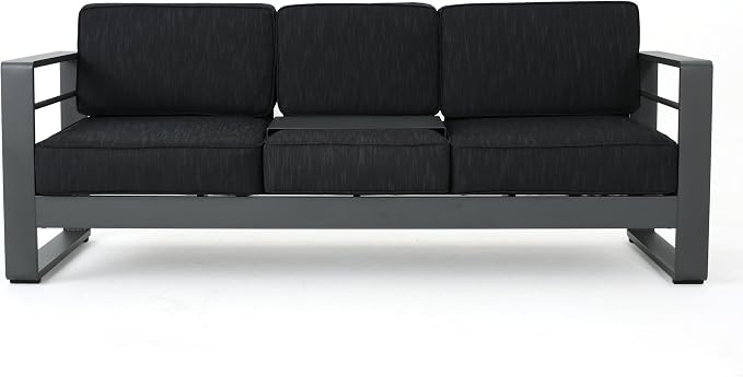 Christopher Knight Home Cape Coral Outdoor Aluminum 7 Piece Conversation Set with Water Resistant Cushions and Dark Grey Rectangular Fire Table