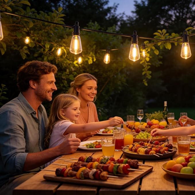50FT Solar String Lights Outdoor with Remote, IP65 Waterproof Shatterproof ST38 15 LED Bulbs, 2700K Dimmable Outside Hanging Lights for Patio, Garden, Camping, Deck, Backyard Decor