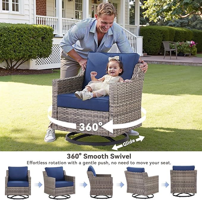 Outdoor Patio Furniture Set-7 Pieces All-Weather Wicker Outdoor Furniture with Swivel Patio Chairs Outdoor Patio Conversation Sets for Garden Porch Deck Grey/Blue