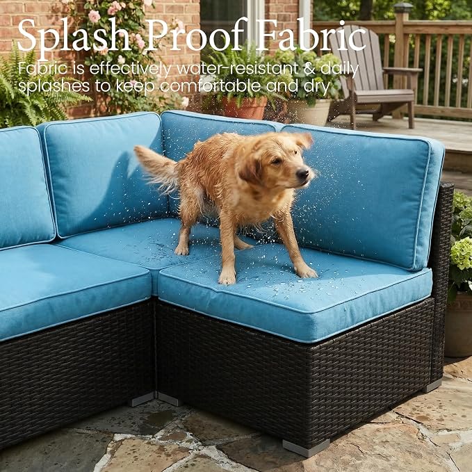 LayinSun 8 Piece Patio Furniture Set with 44" Propane Gas Fire Pit Table, Outdoor Sectional Conversation Set Wicker Rattan Sofa Set with Coffee Table