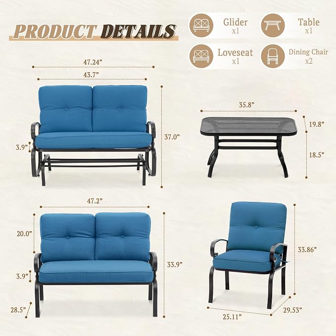 5 Pcs (6 Seats) Metal Outdoor Patio Furniture Conversation Sets, Glider, Loveseat and Coffee Table, 2 Lounge Chairs with Cushions (Peacock Blue)