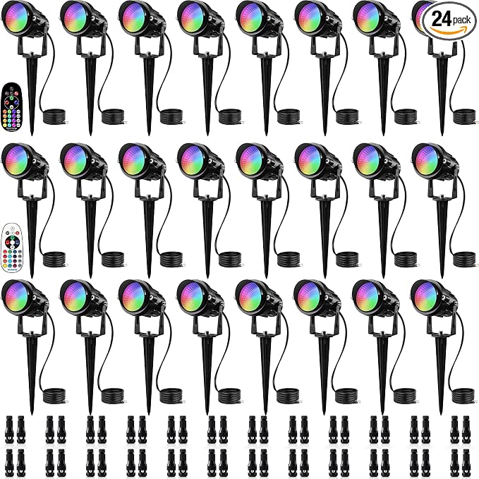 SUNVIE 24 Pack Halloween RGBW Low Voltage Landscape Lights LED Color Changing Landscape Lighting with Remote Control and Wire Connectors, AC/DC 12V-24V Waterproof Outdoor Spotlight for Yard Garden | 12V Waterproof Color Changing Landscape Lighting Chri...