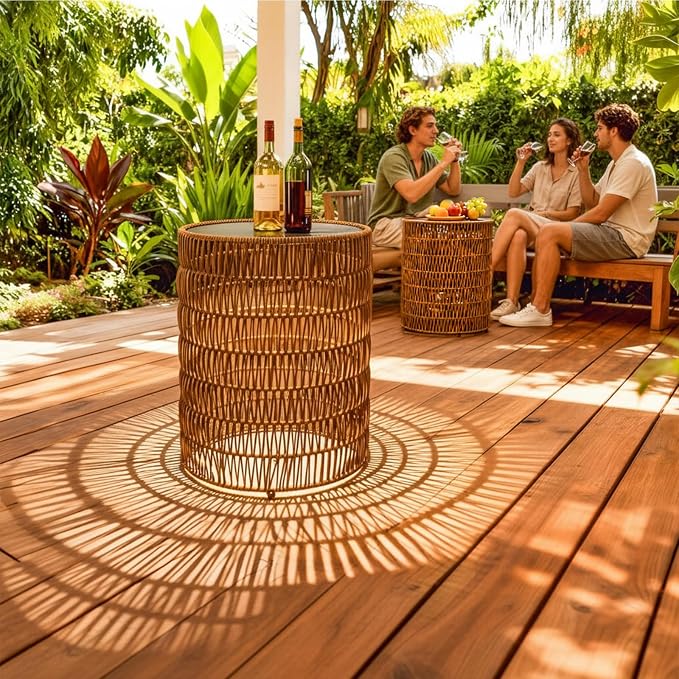 3 Pack Solar Outdoor Side Table with Integrated Glow Lights Set, Poolside Side End Table Waterproof Rattan Nesting Accent Table for Patio, Poolside, Backyard, Porch, Garden, Balcony Indoor Outdoor Use