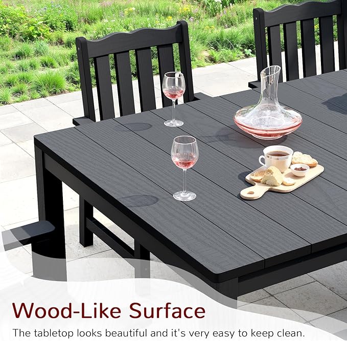 Stoog 7 Pieces Patio Dining Sets, All-Weather HIPS & Aluminum Outdoor Dining Table with Umbrella Hole, Patio Furniture Set Include 1 Table and 6 Chairs, for Backyard, Garden and Deck, Black
