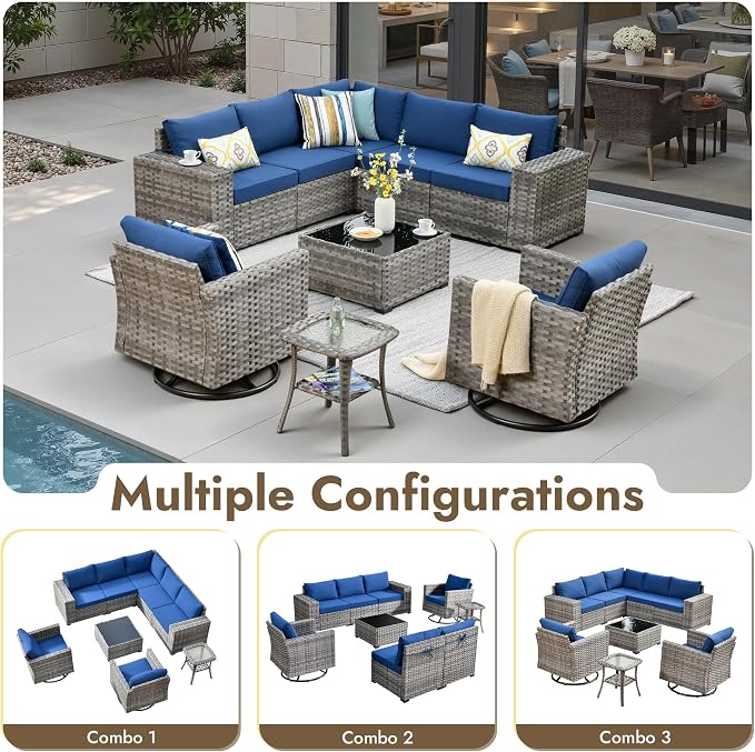 9 Pieces Patio Furniture Set, Wicker Outdoor Sectional Sofa with Swivel Chair Comfy Cushions, Modern Modular Deep Seat Rattan Couch Conversation Set for Backyard Porch Yard,Navy Blue