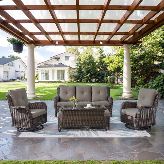 Belord Wicker Outdoor Furniture Patio Furniture Set - 6 Piece Patio Conversation Set with Swivel Rocker Chairs, Rattan Sofa, Ottomans and Coffee Table, Gray Cushion