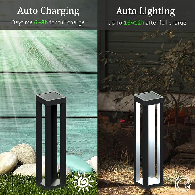 Outdoor Solar Pathway Lights, Modern Landscape Floor Lamps, 4-Pack | Four 18.9-in stainless steel lights for walkways and garden borders; solar powered, automatic at dusk and IP65 waterproof