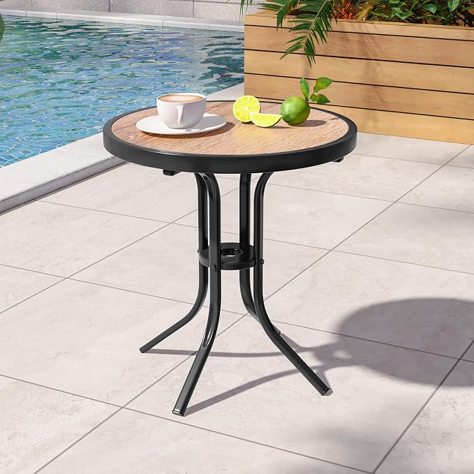 Outdoor Side Table with Wood-Like PDC Top, 17" Small Round Side Table Metal Patio End Table with Steel Frame for Balcony Garden Porch Deck Indoor