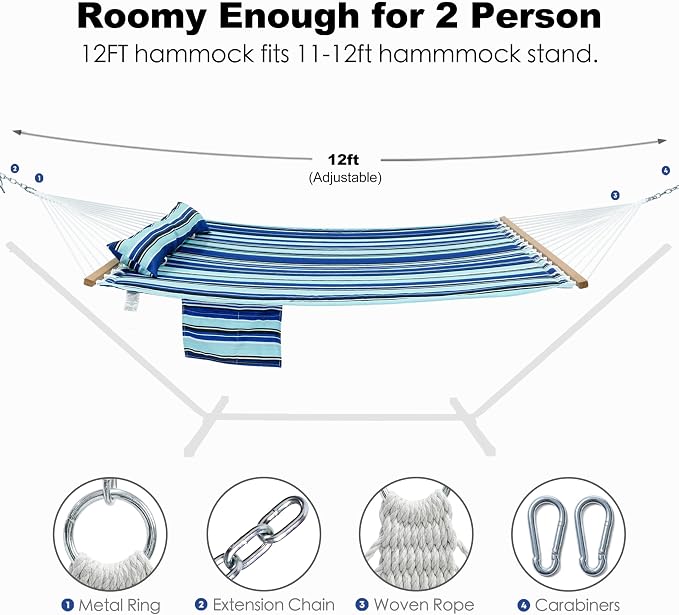 GAFETE Hammock 2 Person Quilted Fabric Hammocks for Outside, Double 12ft Hammocks with Spreader Bar, Large Removable Pillow, Storage Bag, Carabiners, Max 475 lbs Capacity (Catalina Beach)