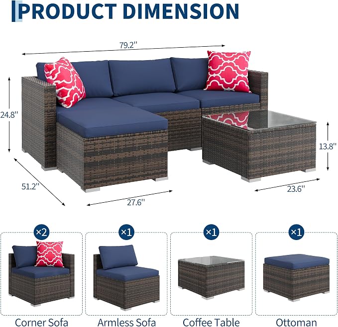 PeakPursuit Outdoor Patio Furniture Set, 5 Pieces Rattan Patio Conversation Sets with Glass Coffee Table and Cushion,All Weather Outdoor Patio Sofa for Garden, Poolside, Backyard,Blue