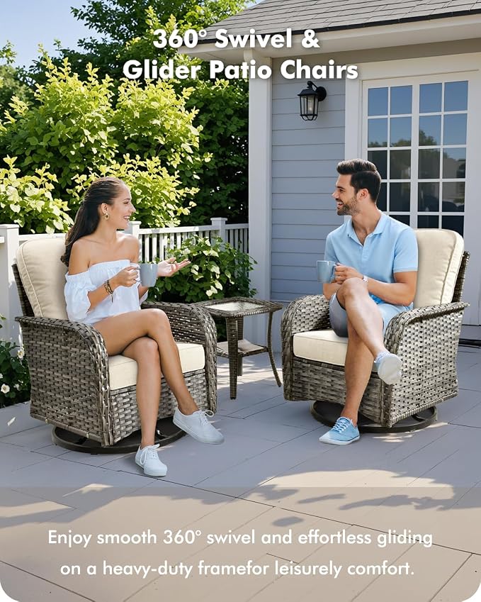 CAODOC 5 Pieces Patio Furniture Set,Outdoor Furniture with Rockers, Rattan Conversation Sets w/Coffee Table, Grey Wicker Light Beige Cushion