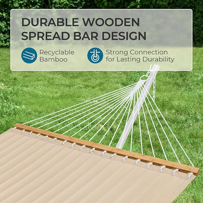 SUPERJARE Hammock with Stand, 2 Person Quilted Outdoor Hammock, Detachable Pillow & Bamboo Spreaders, Portable Hammock with Carrying Bag, Heavy Duty Stand, Perfect for Outside, Patio, Beige