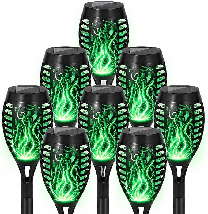 8 Pack Solar Lights Outdoor, Green Flickering Flame Torches | Green Flickering Flame, Long Nighttime Glow, Auto-On at Dusk, IP65 Weather-Resistant, Tool-Free Ground Setup