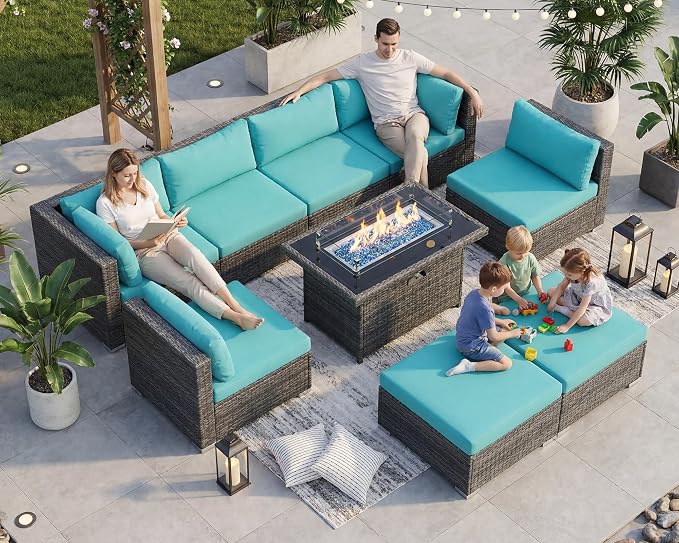 BULEXYARD 9 Pcs Highback Patio Furniture Set with Firepit, High-End Outdoor Sectional Couch with Ottoman 8-Seats, Cozy Comfy Wide Deep Deck Seating Group Conversation, Grey Rattan & Turquoise Cushion