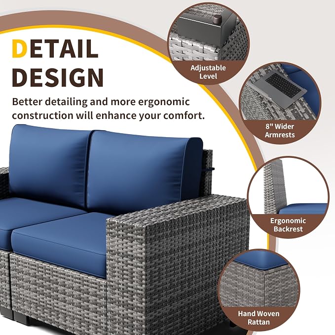 Outdoor Patio Furniture Set, 8‘’ Wide armrest Outdoor Sectional Rattan Sofa Set, Wicker Patio Furniture Sets w/Coffee Table,Thick Cushions for and Cover for Porch,Deck,8 PCS (Grey&Navy)