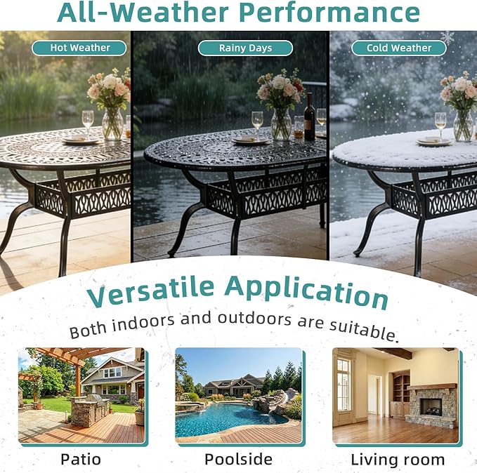 MEETWARM 84"x44" Cast Aluminum Patio Dining Table, Weather-Resistant Large Outdoor Dining Table for 8 Person, Patio Furniture Oval Table with Umbrella Hole and Adjustable Foot Pads, Dark Bronze