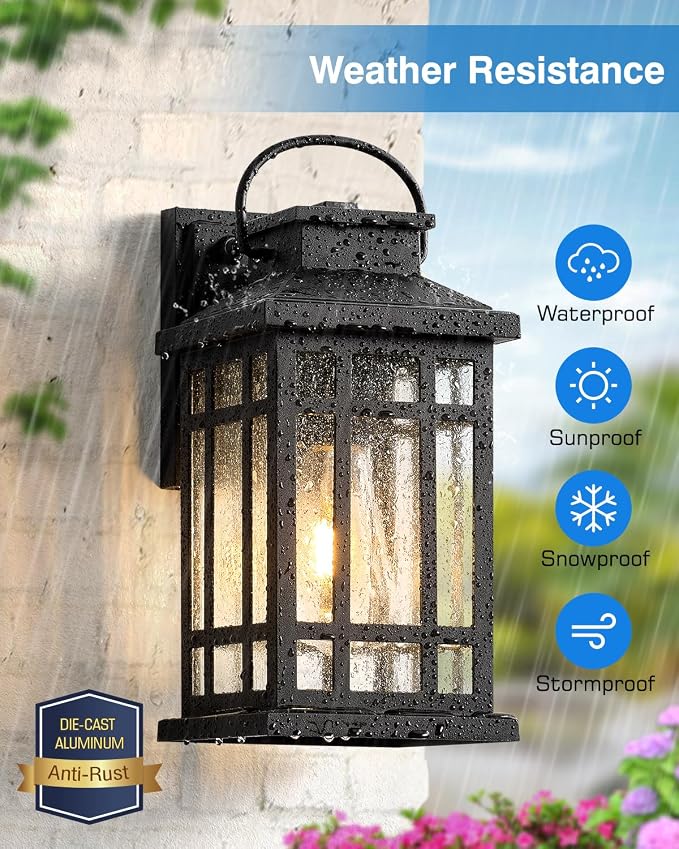 Porch Lights Outdoor, 2 Packs Dawn to Dusk Outside Light Fixture, Aluminum Patio Light Fixture with Seeded Glass, Outdoor Sconce Lights for Garden, Exterior Wall Lantern Wall Mount for Garage
