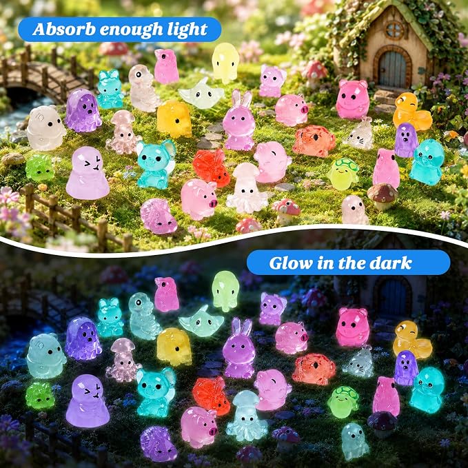 100pcs Luminous Mini Resin Animals, Resin Animals Mystery Bags, Mini Duck Blind Bags Toys, Glow in The Dark Tiny Animal Figurines for Fairy Garden, Aquarium, Party Favors & Home Decor Crafts