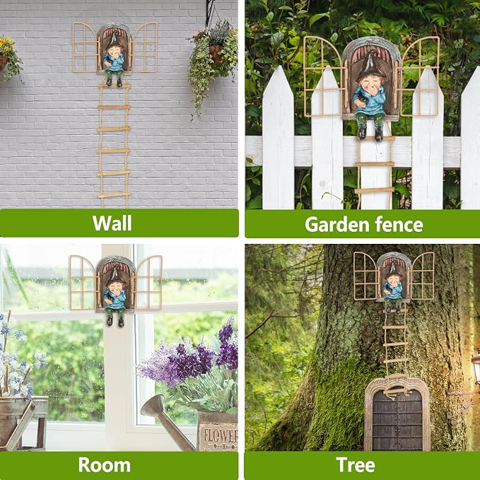 Garden Gnomes Decoration Outdoor Tree Faces Decor with Hanging Ladder for Yard, Elf Out The Door Tree Hugger Figurine Resin Garden Sculpture Ornament Whimsical Gnome Decor for Patio Yard Lawn