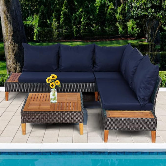 Tangkula 4 Pieces Acacia Wood Patio Furniture Set, Patiojoy L Shaped Wicker Corner Sectional Sofa Set with Thick Cushions, Coffee Table, for Backyard, Garden, Poolside and Deck (Navy Blue)