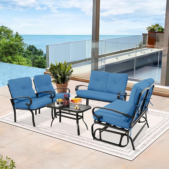 5 Pcs (6 Seats) Metal Outdoor Patio Furniture Conversation Sets, Glider, Loveseat and Coffee Table, 2 Lounge Chairs with Cushions (Peacock Blue)