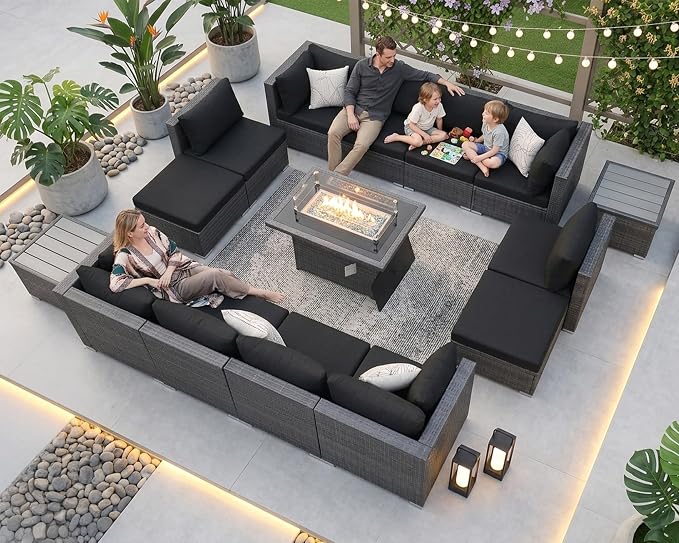 NICESOUL 15 Piece Patio Furniture Set with Fire Pit Table, 29.3'' High Back Large Outdoor Sectional with Firepit, Sturdy Deep Seating Conversation Set, Gray Rattan & Black Cushion