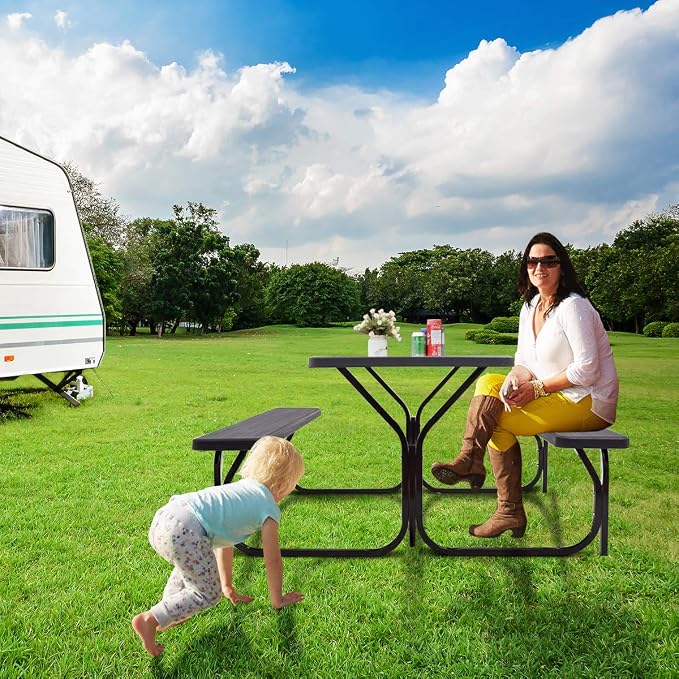 Picnic Table, Outdoor Table Bench Set with Metal Frame & Wood-Like Texture, Large Picnic Table with All Weather-Resistant Tabletop, Camping Picnic Tables for Patio, Lawn, Dining Party
